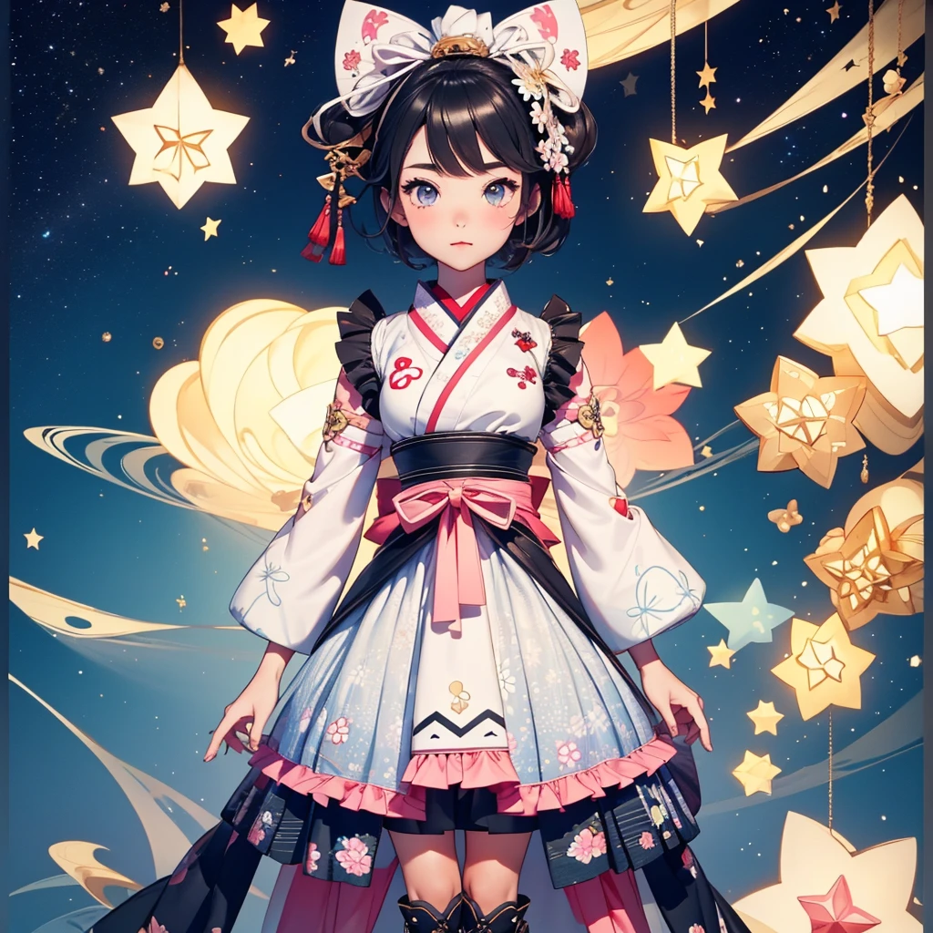 highest quality、8K,handsome face、vtuber-halfbody、A picture of the front straight towards the viewer、Star Fairy、Full body front portrait、front、1girl,highest quality、masterpiece、official art、Super detailed、super beautiful、Cute Star Fairy、gray short hair、Milky Way、universe、star charm、star、baby face、Knee-high boots、Japanese pattern dress、A beautiful girl wearing black and white clothes that are a remake of a yukata.、Oiran frill dress reminiscent of universe、belly button、pleated mini skirt、
