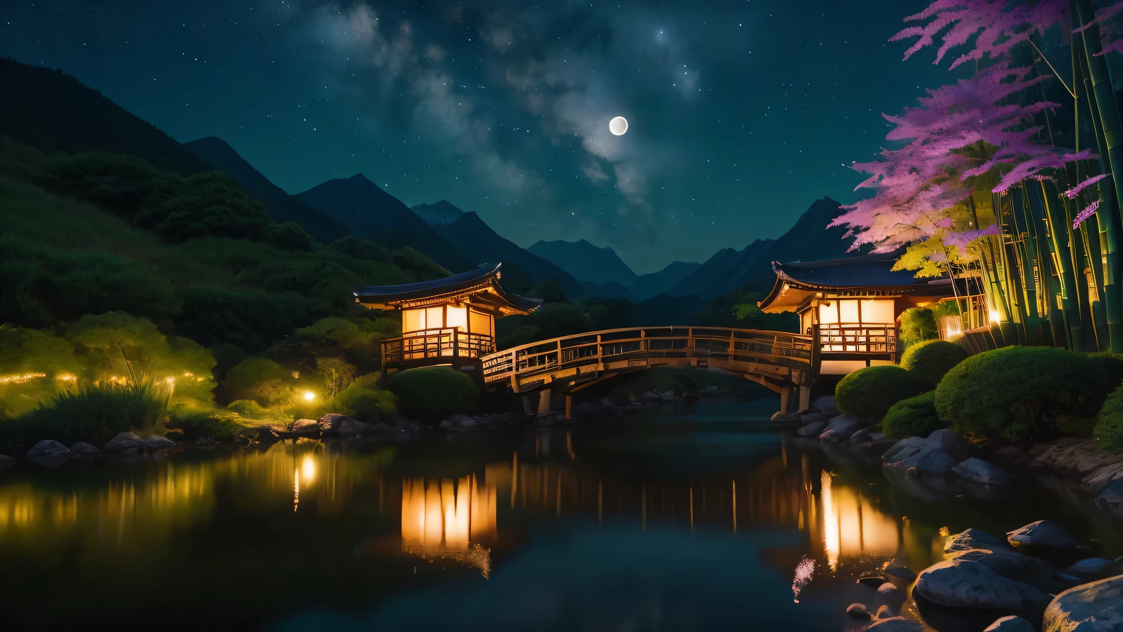 Masterpiece, a little bamboo forest , a girl. an 18-year-old beautiful girl wearing a kimono, a starry sky,, the moon, a night view, a simple small old folk house in the center, mountains, a river, a bridge, a fantastic valley in the back, magical world, colorful and detailed dreamscape, beautiful flowers