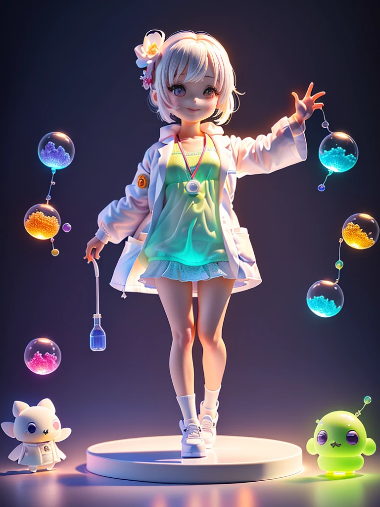 Super Lovely girl full body 3d drawing, 1, Good looking eyes, big eyes, Lovely, happy, C4D, pop matte blind box, glowing bubbles, Toy, solid color background, chibi, Fluorescent translucent, glow, kawaii, Toy娃娃, ((((Home, white lab coat))), Reference table, Bubble Mart Blind Box, Pixar, intricate details, 3D rendering, mixer, Overclocked renderer, 身体Reference table, Dribbling , high detail, 8K, studio lighting, , , , chibi, SD characters: 1.1, Magic laboratory background