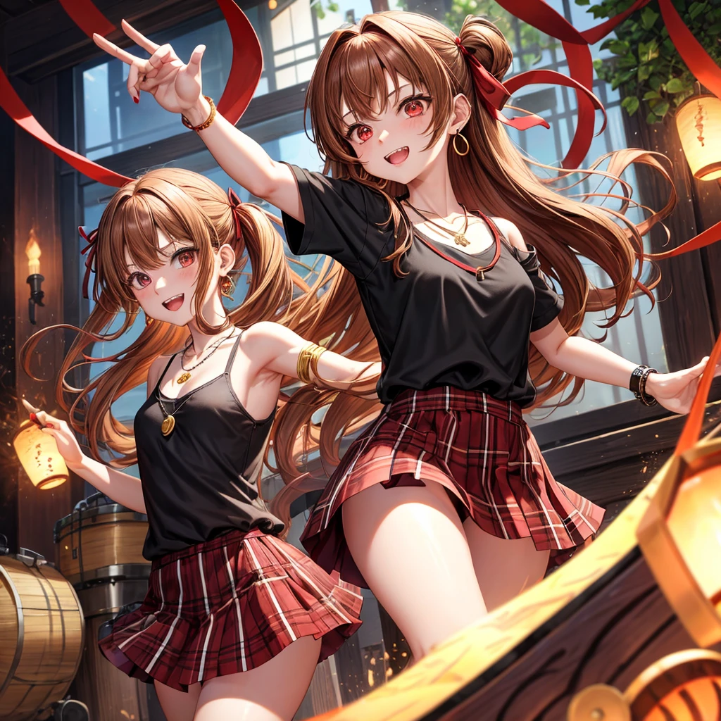 Brown, red, gold, golden hair、Red eyes、One good looking girl、solo、anime、Checkered mini skirt、Black camisole、Black T-shirt、hoodie、Wearing a ribbon、Ribbon on waist、Crystal Earrings、treasure石のネックレス、Light and shadow、Tilting face、Teeth are visible、Marble pillar、The floor is reflecting、Kind Face、Kuroko、treasure、wearing goggles on head
