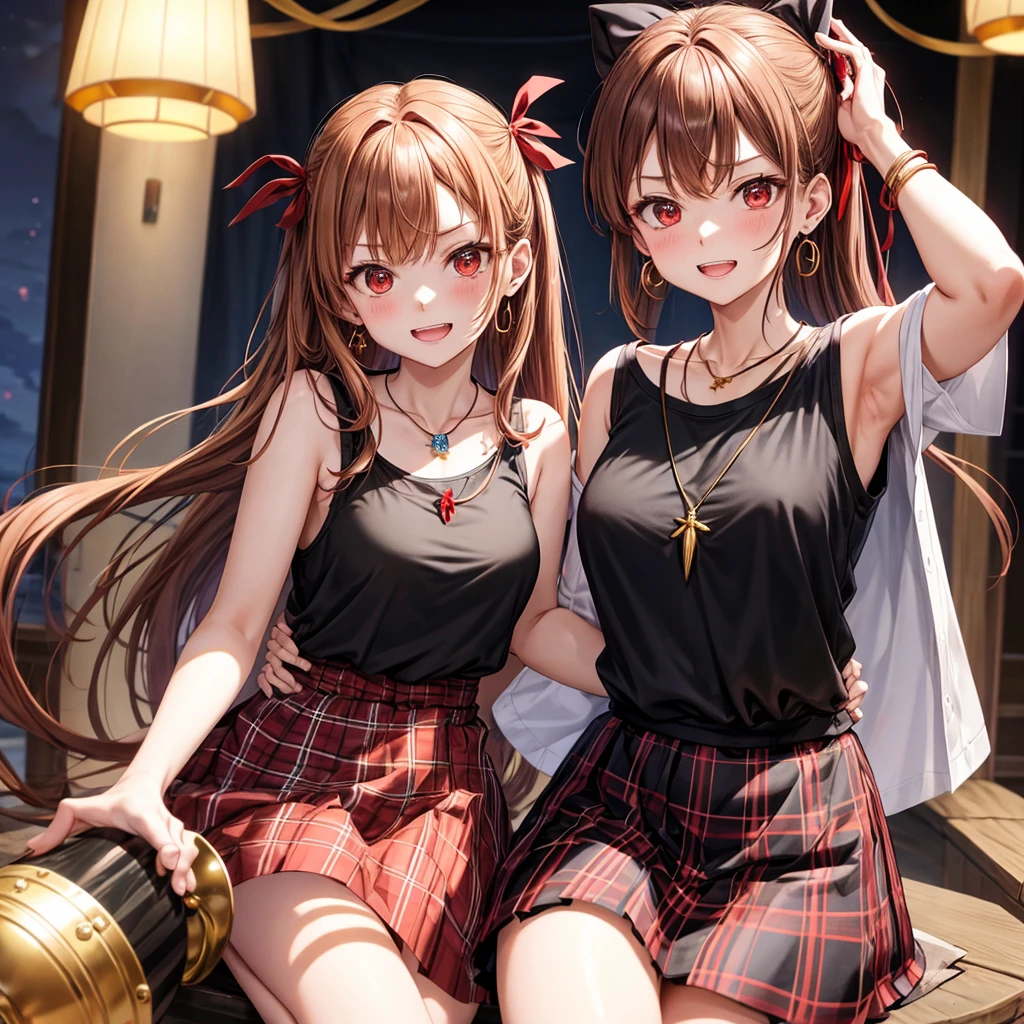 reddish-brown golden hair、red eyes、one good looking girl、solo、anime、plaid mini skirt、black camisole、black t-shirt、dress、wearing a ribbon、ribbon at waist、crystal earrings、jewelry necklace、Light and shadow、tilting one's face、teeth are visible、pillar、torches、evil looking face、Kuroko、Den-den drum、grassland
