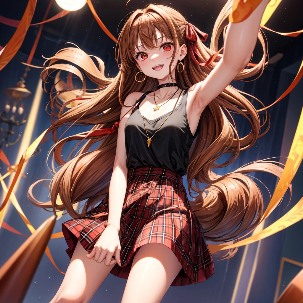 reddish-brown golden hair、red eyes、one good looking girl、solo、anime、plaid mini skirt、black camisole、black t-shirt、dress、wearing a ribbon、ribbon at waist、crystal earrings、jewelry necklace、Light and shadow、tilting one's face、teeth are visible、pillar、torches、evil looking face、Kuroko、Den-den drum