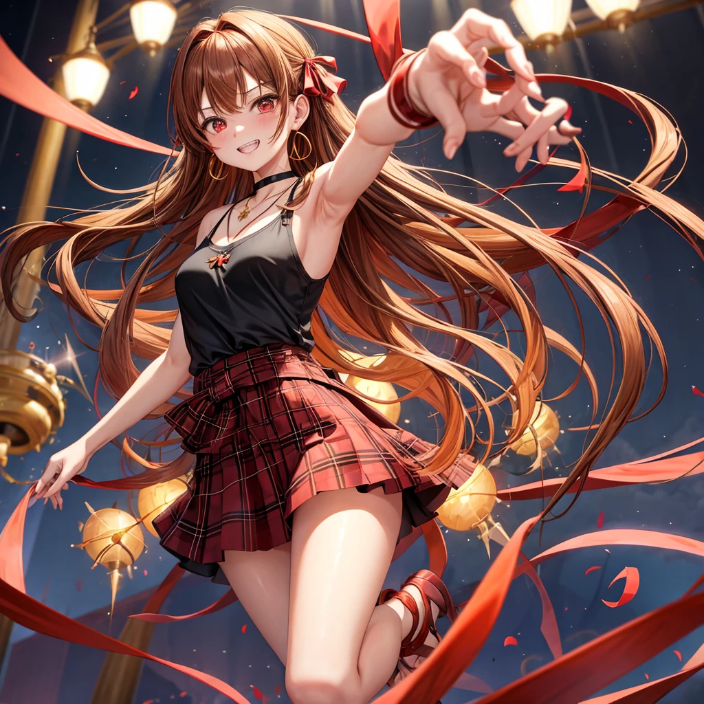 reddish-brown golden hair、red eyes、one good looking girl、solo、anime、plaid mini skirt、black camisole、black t-shirt、dress、wearing a ribbon、ribbon at waist、crystal earrings、jewelry necklace、Light and shadow、tilting one&#39;s face、teeth are visible、pillar、torches、evil looking face、Kuroko、Den-den drum