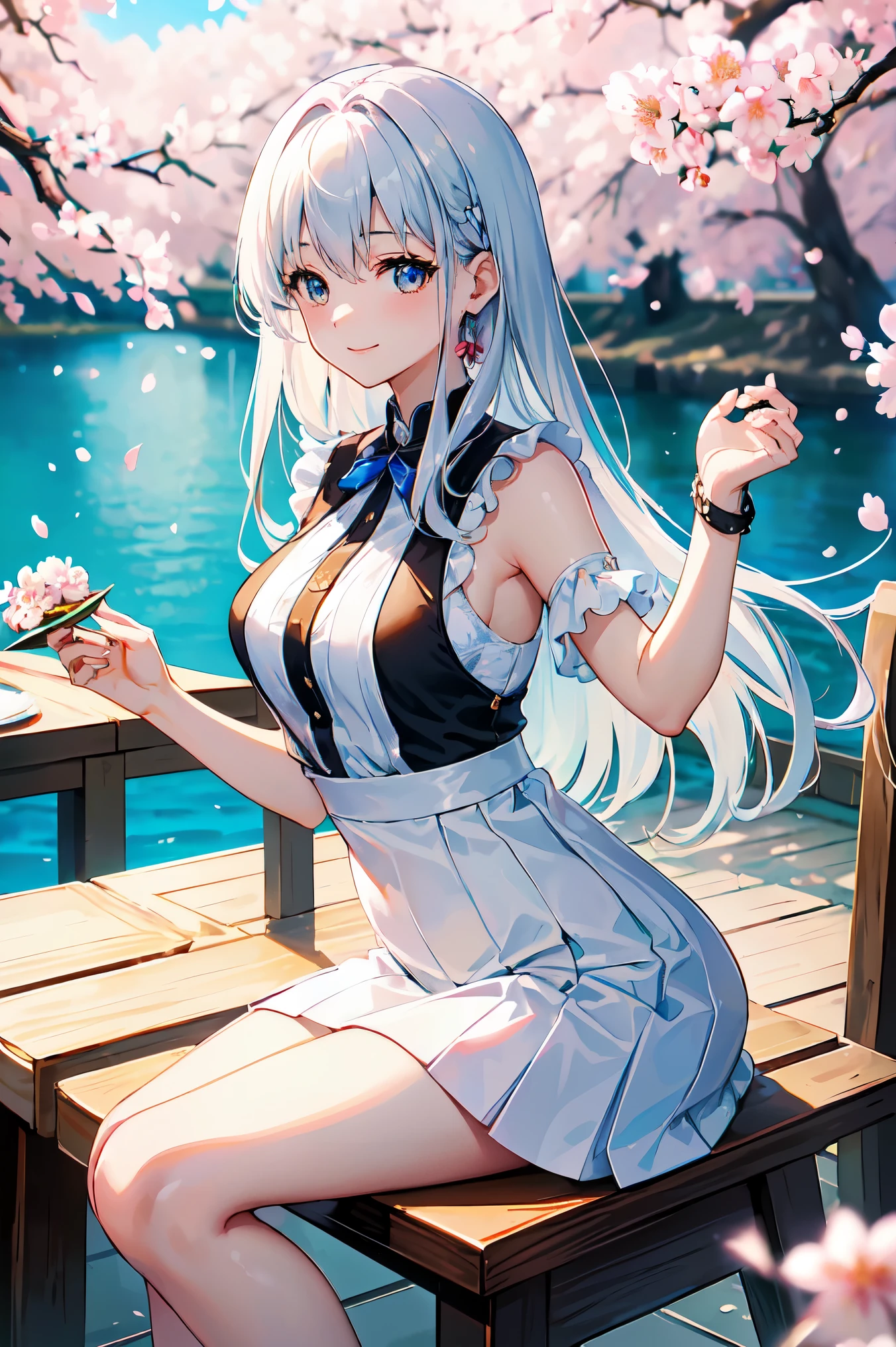 最high quality、best image quality、masterpiece、girl((18-year-old、 By becoming、vest bust、medium bust,wide open breast tea、shining eyes, silver hair、long hair、thin,highest valley、white see-through dress、White short skirt、Wristband、smile、Rear view、cherry blossomsの髪飾り)),high quality、beautiful art、background((SakuraFubuki、散るcherry blossoms、cherry blossoms、beautiful park、four corners、cherry blossoms草原、Wind、wooden table、wooden chair、black tea))、Flight、debris flies、Depth of written boundary、movie、visual art、perfect art、8K,genuine、