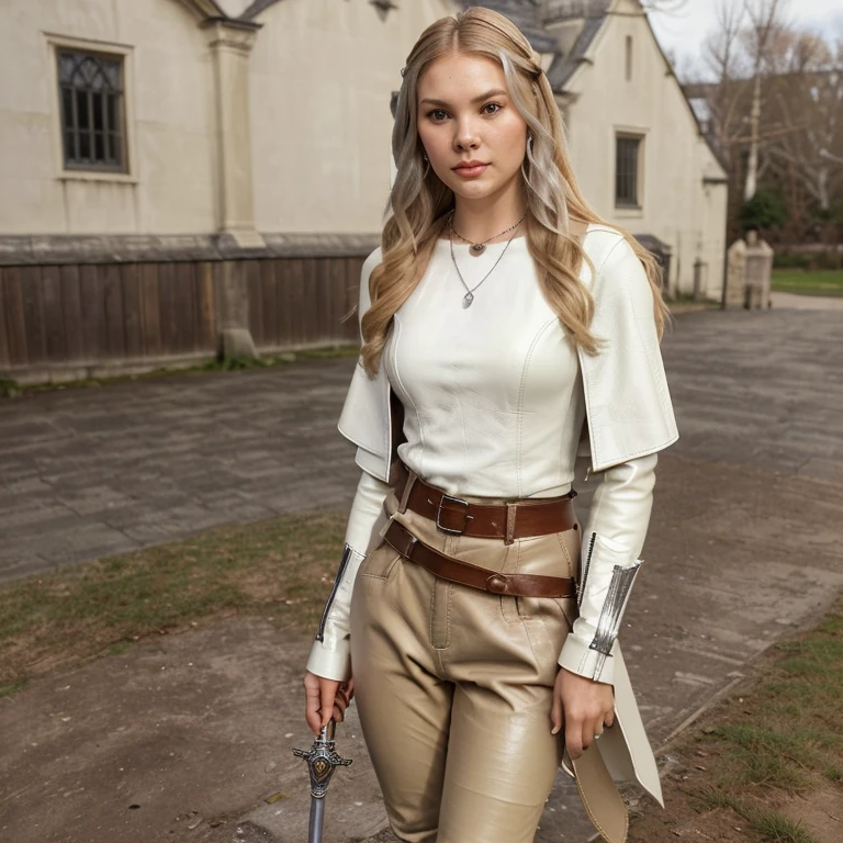 ((wide camera angle)). ((There is a black castle in the background)), gentle light, good quality, ((masterpiece, fantasy, best quality)), ((there is a 25 to 30 year old woman dressed in a white tailcoat.)) ((She is holding a long wooden staff with engraved magical runes in her left hand)), battle mage, walking on stony path. ((She has long blonde curled hair)), ((her face us faced to the camera, camera above shoulder)). She has a gentle smile, a friendly gaze and an athletic body with high details. ((She is wearing a tight-fitting white Drawstring Flared Sleeve Blouse)). (((She is also wearing a white and beige cloak around her shoulders))). ((She wears tight-fitting beige leather trousers with cuffed boots)). She has a symmetrical face and symmetrical eyes, (((tight long beige leather trousers with cuffed boots))). (((She wears a black and brown leather belt with a rapier hanging out of it))) and ((she wears small vambraces made from silver around her arms)), brown eyes, ((fantasy)), medieval, a rapier is hanging from her hip, ((she wears a necklace made from silver with a big saphire)). ((She has the face of Elisha Cuthbert)).