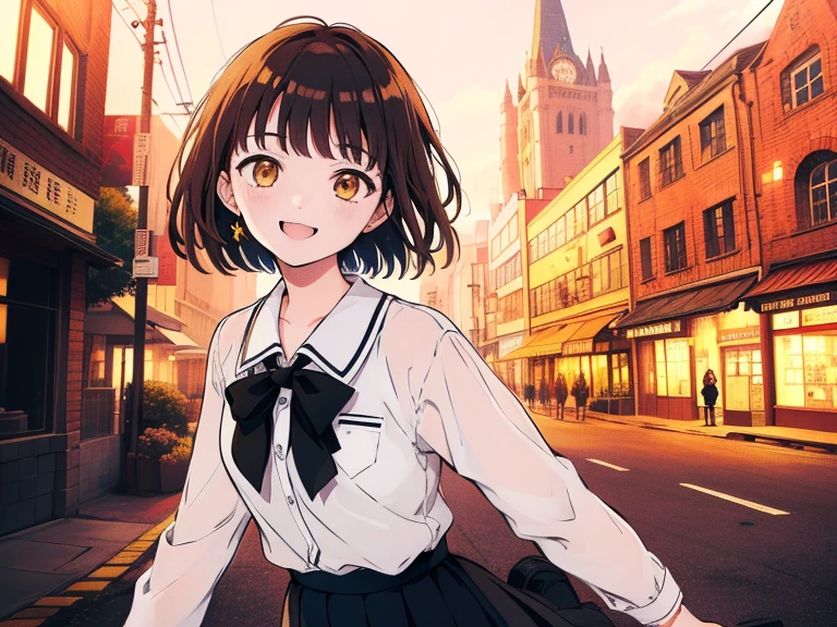 ((((Happy face)))),(((Long shot, taken from the front, 1 girl, white , black skirt, short bob, brown hair, golden eyes, 14 years old, short height, city girl))), ((On the way home from school)), ((Uniform)), (Masterpiece), (High resolution), (Top quality), (Super delicate), ((Line drawing manga style)), Wallpaper, Manga style illustration, Painting style, heartwarming synopsis, ((youth)), (((student))), (unique atmosphere), unique world view, unique atmosphere, school life, youth town, (masterpiece), (high resolution), (highest quality), (super delicate), line drawing manga style, comic style illustration, how to draw, warm outline color, (clear), (obvious)