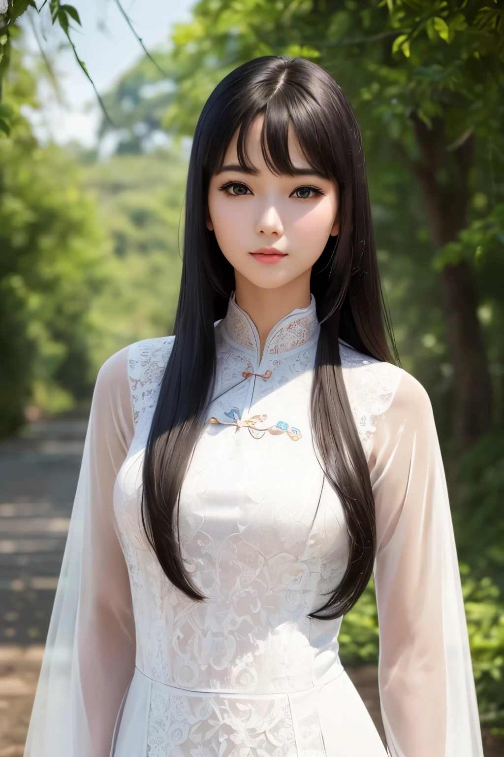 best quality, (realistic, Photoreal:1.37), ((solo)), 8K quality, very delicate and beautiful, wonderful, Official art with attention to detail, That's ridiculous, incredibly ridiculous, huge file size, super detailed, very detailed, (cute), (detailed girl), very detailed目と顔, detailed and beautiful eyes, light makeup,, (perfect woman image), slim waist, (beauty of vietnam), ((whole body)), ((Put the head in the frame)), ((Pure white lace ao dai)), smile gently, (black hair), hair ornaments, (unusually long hair),