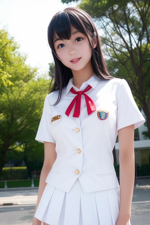 、White summer uniform with school emblem on the left breast、The nipples are clearly visible