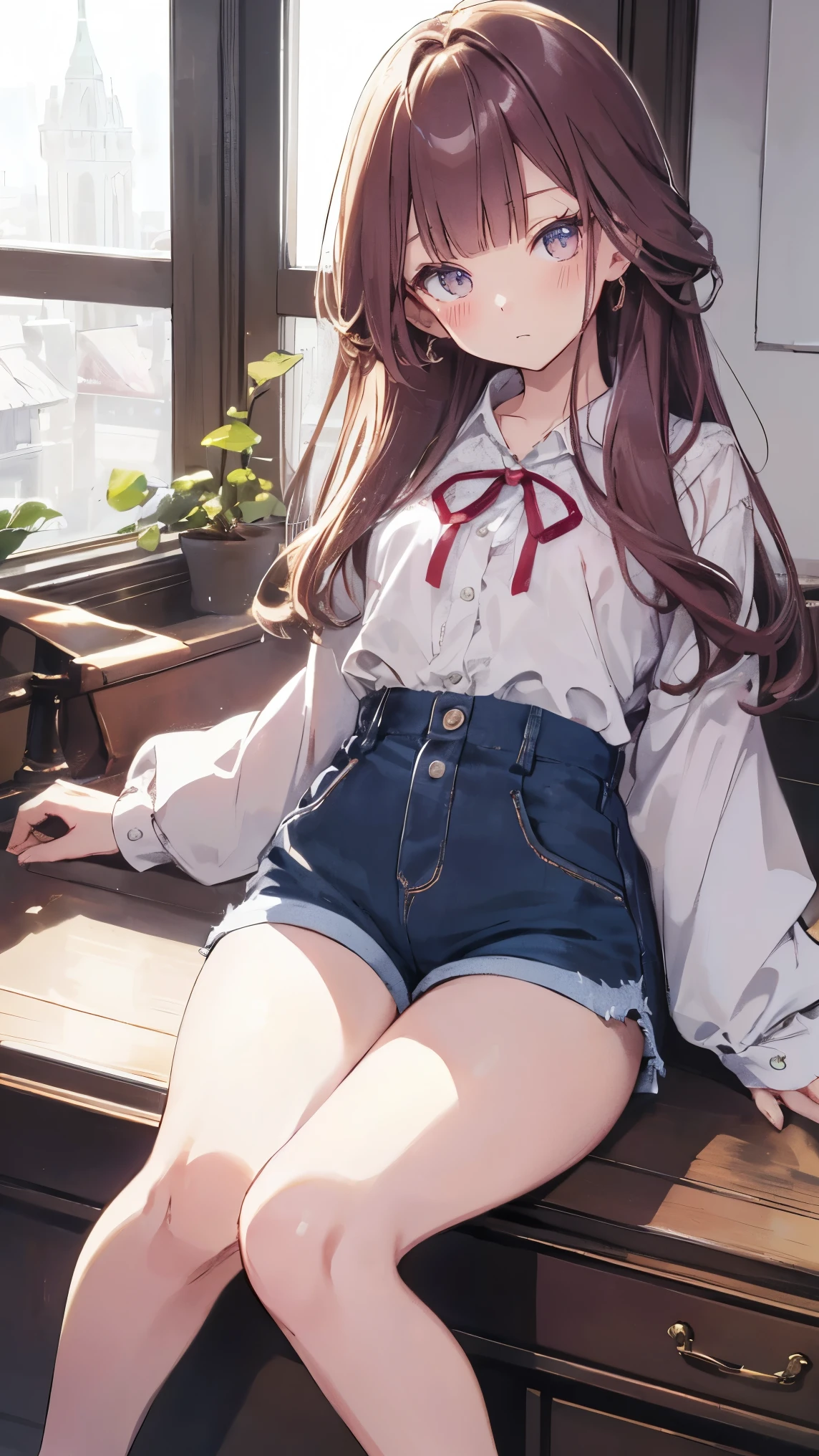 master piece、Highest image quality、highest quality、 ((panic))、glossy hair quality、small face、sitting、Super detailed and beautiful bright eyes、Super detailed clear and beautiful face、(cute illustration:1.2), High-resolution, ultra-detailed, best quality, embarrassed、(Gaps in shorts).(Cute ????????? that can be seen at a glance)