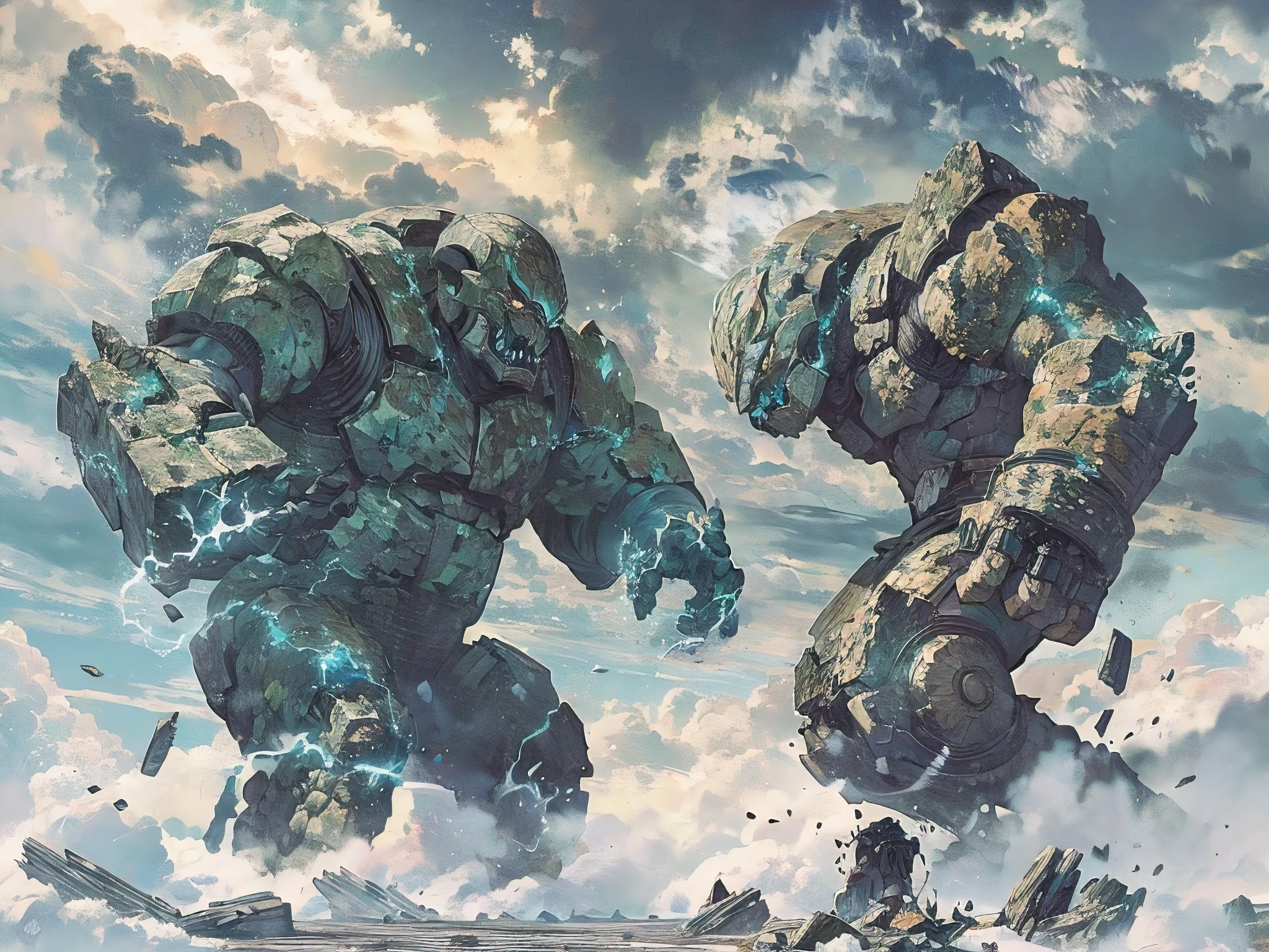 Enormous kaiju wrestlers made of living stone and steel that represent the struggle between passion and apathy in the creative process, epic composition highlighting the sheer size of the subject, comic book art style