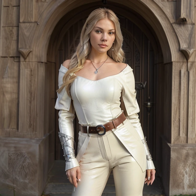 ((wide camera angle)). ((There is a black castle in the background)), gentle light, good quality, ((masterpiece, fantasy, best quality)), ((there is a 25 to 30 year old woman dressed in a white tailcoat.)) ((She is holding a long wooden staff with engraved magical runes in her left hand)), battle mage, walking on stony path. ((She has long blonde curled hair)), ((her face us faced to the camera, camera above shoulder)). She has a gentle smile, a friendly gaze and an athletic body with high details. ((She is wearing a tight-fitting white Drawstring Flared Sleeve Blouse)). (((She is also wearing a white and beige cloak around her shoulders))). ((She wears tight-fitting beige leather trousers with cuffed boots)). She has a symmetrical face and symmetrical eyes, (((tight long beige leather trousers with cuffed boots))). (((She wears a black and brown leather belt with a rapier hanging out of it))) and ((she wears small vambraces made from silver around her arms)), brown eyes, ((fantasy)), medieval, a rapier is hanging from her hip, ((she wears a necklace made from silver with a big saphire)). ((She has the face of Elisha Cuthbert)).