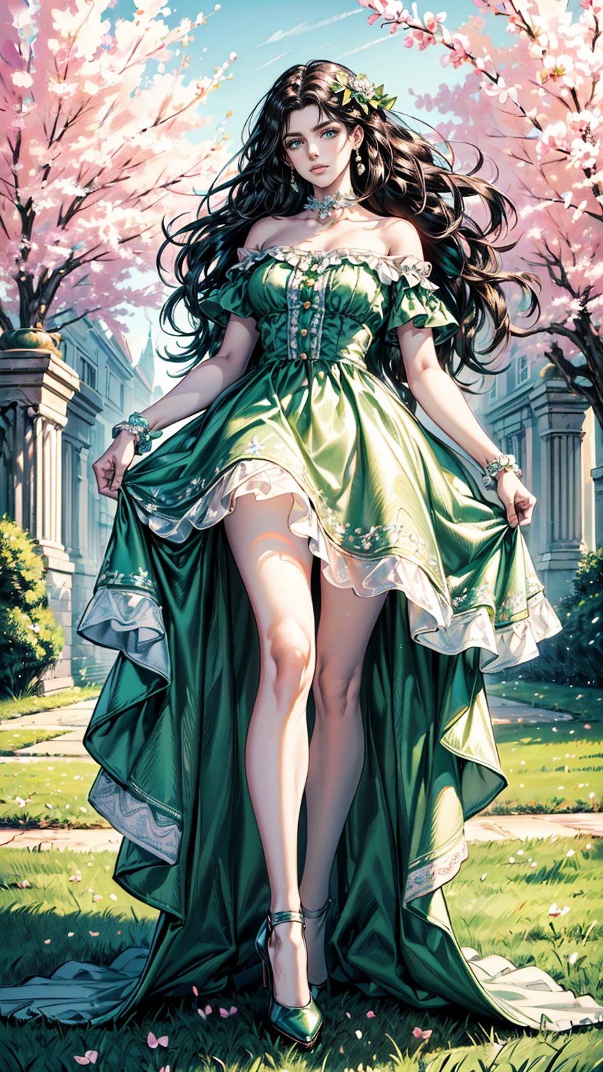 (masterpiece, Best quality, A high resolution, ultra detailed),(beautiful and aesthetically pleasing:1.2), (1 woman), adult, perfect body, wavy black hair, ((green eyes)), detailed eyes and face, (full_body), festive beautiful spring light airy dress,  (dress in pastel colors), delicate spring dress, high heel shoes, gentle and feminine image, USA, many colors, 