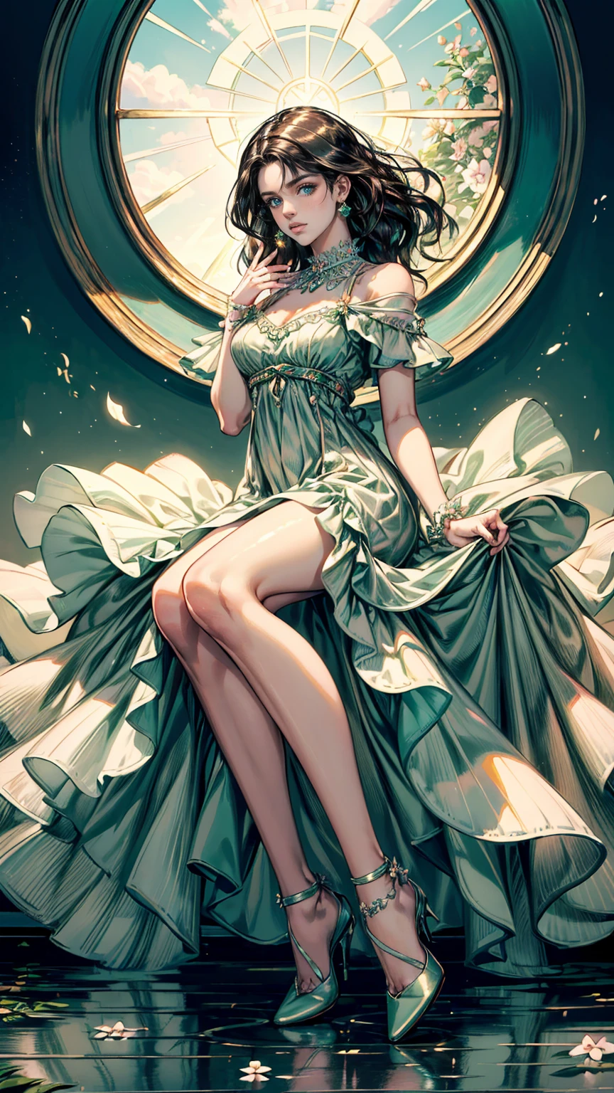 (masterpiece, Best quality, A high resolution, ultra detailed),(beautiful and aesthetically pleasing:1.2), (1 woman), adult, perfect body, wavy black hair, ((green eyes)), detailed eyes and face, (full_body), festive beautiful spring light airy dress, (dress in pastel colors), delicate spring dress, high heel shoes, gentle and feminine image, USA, many colors,