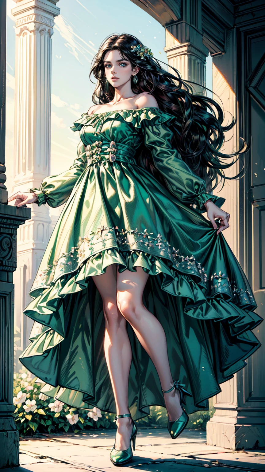 (masterpiece, Best quality, A high resolution, ultra detailed),(beautiful and aesthetically pleasing:1.2), (1 woman), adult, perfect body, wavy black hair, ((green eyes)), detailed eyes and face, (full_body), festive beautiful spring light airy dress,  (dress in pastel colors), delicate spring dress, high heel shoes, gentle and feminine image, USA, many colors, 