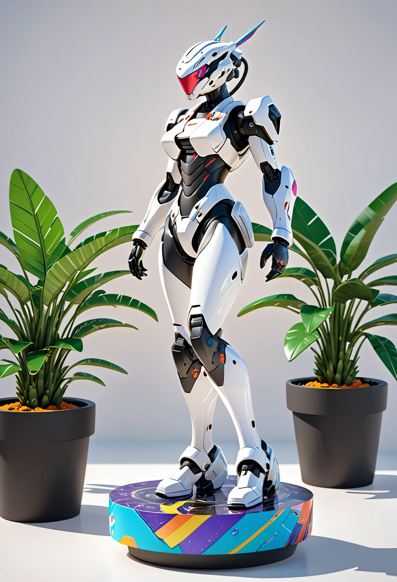 Viper Mecha, whole body, alone, cyberpunk, Exquisite snake head, Bubble Mart Blind Box, clay texture, walking on earth, black and white background, potted plant, round base, natural lighting, best quality, Ultra-detailed, 3D art, C4D, Overclocked renderer, 3D rendering, 8K