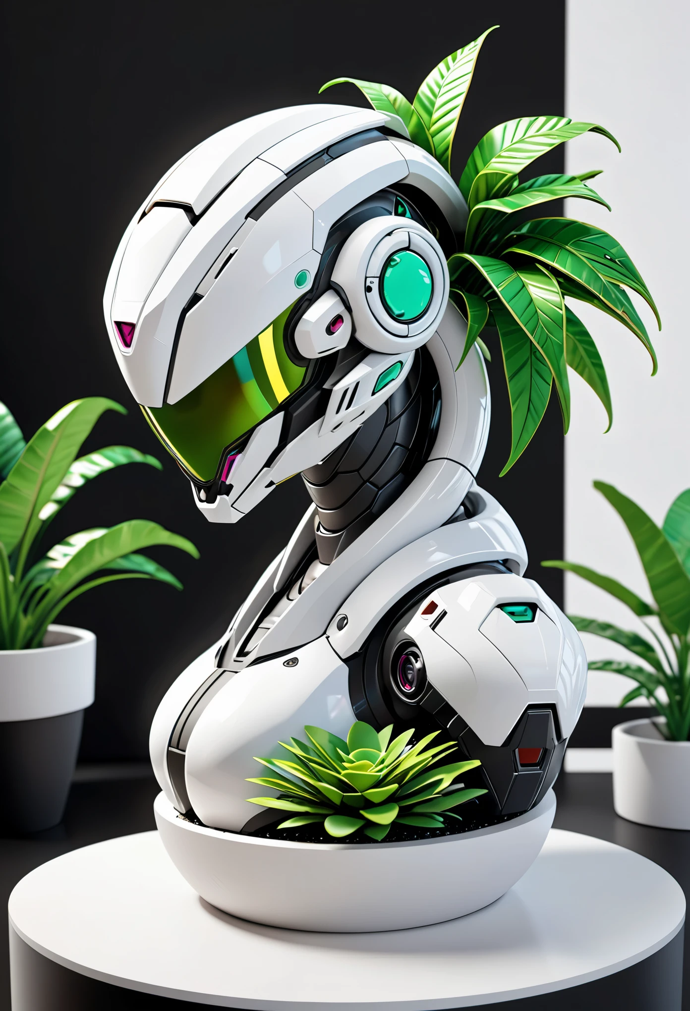 Viper Mecha, whole body, alone, cyberpunk, Exquisite snake head, Bubble Mart Blind Box, clay texture, walking on earth, black and white background, potted plant, round base, natural lighting, best quality, Ultra-detailed, 3D art, C4D, Overclocked renderer, 3D rendering, 8K