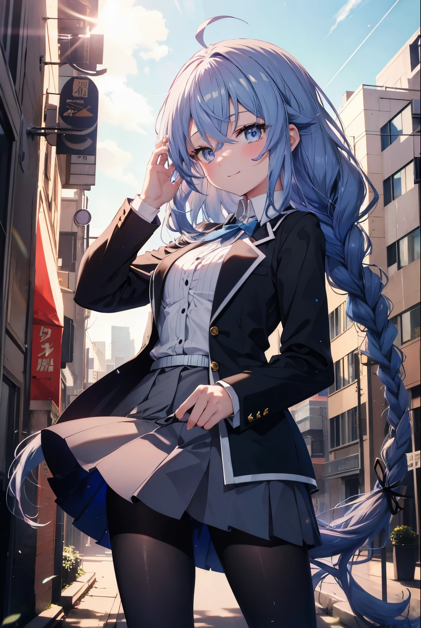 (masterpiece,intricate details),1 girl,mature woman,light _face, BREAK Roxymigurdia, Roxy, Ahoge, black ribbon, blue eyes, blue hair, Braid, hair between eyes, hair ribbon, long hair, twin Braids, very long hair,happy smile, smile, open your mouth, Destroy White Y-Shirt,Blue Blazer,Blue pleated skirt,Gray pantyhose,White Loafers,
壊す looking at viewer,
break outdoors, In town,Destroy a city of buildings (masterpiece:1.2), highest quality, High resolution, unity 8k wallpaper, (figure:0.8), (detailed and beautiful eyes:1.6), 非常に詳細なface, perfect lighting, Very detailed CG, (perfect hands, perfect anatomy),