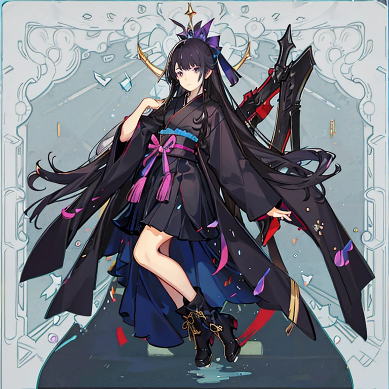 Long, black hair down to the back、Her hair is purple towards the ends, she wears accessories, and her eyes are slanted, making her look .~A 17-year-old re 、The racter is designed in a cute anime style with a hakama and boots.