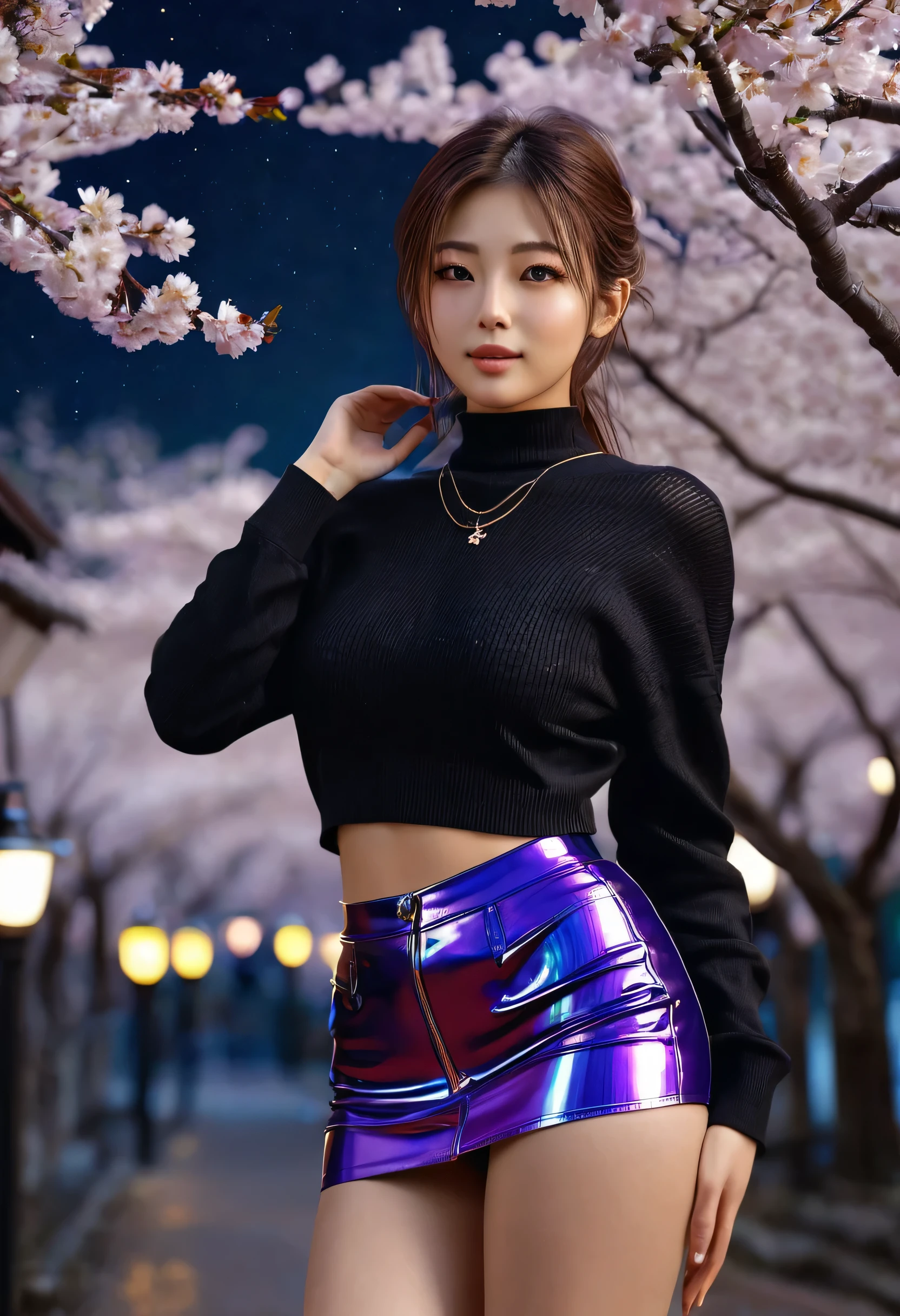 (((masterpiece:1.4, Best Quality:1.4, 8K, ultra high res, Physically Based Rendering))), full body Portrait, ultra Beautiful Sexy Woman, perfect style body, 24yo, (Detailed large eyes), detailed thin eyebrows, Highlights in the eyes, (dark brown half updo hair, hair behind ears), Highly detailed facial and skin texture, Clear focus:1.2, Slender beauty:1.4, ((gigantic beautiful breasts:1.7, breasts exposed)), Slim abs:1.1, narrow waist:1.2, Clear facial features, (no makeup), (((off shoulder, sleeveless:1.2, cropped black sweater:1.4, underboob:1.2))), (((metallic holographic purple highwest pencil miniskirt, skirt lift:1.6, long beauty legs))), (transparent black knee high stockings), ((no panties)), (((detailed beautiful pussy exposed:1.4, pubic hair:1.5, cum in pussy:1.5, Cloudy liquid dripping from the pussy to the thighs))), hands over the head, (raise her chin:1.2, open mouth), (from below), (looking at viewer:1.1), (smile:1.2), (spread legs wide, facing forward), ((Cherry blossoms in full bloom at night:1.4, SakuraFubuki:1.4, Falling cherry blossoms, Standing in the middle of cherry blossoms in full bloom:1.8, the sparkle of street lamps:1.5)), ((Glowing particles dancing in the night sky:1.4, incredible sky:1.2)),