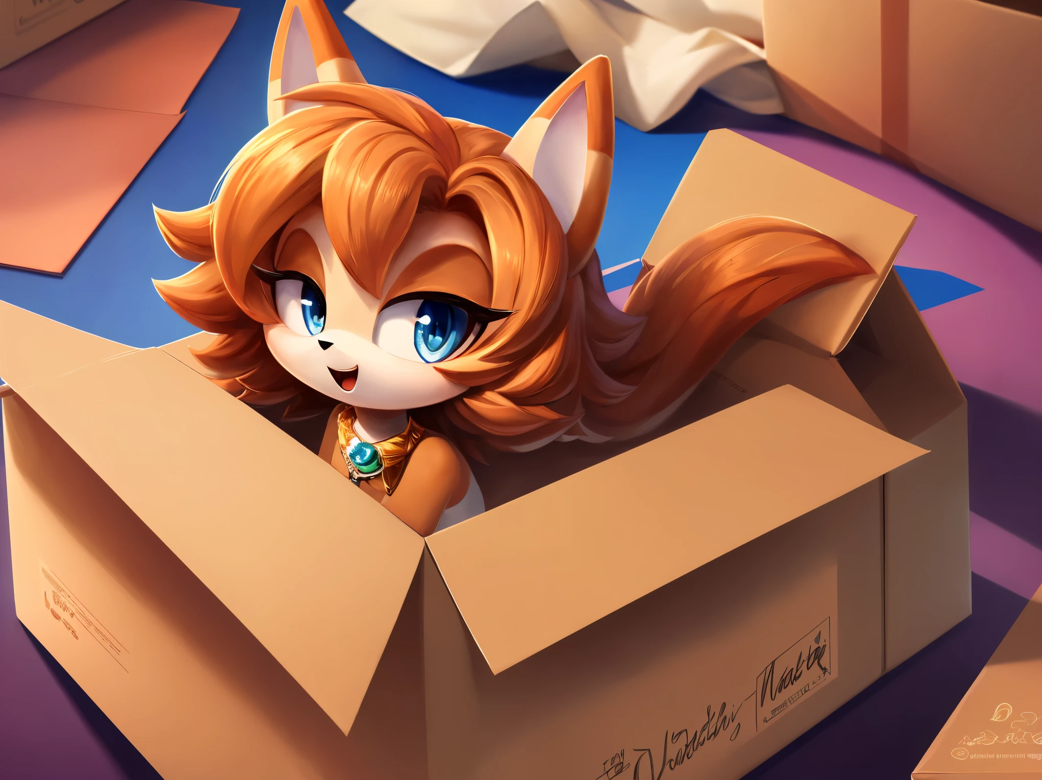 (masterpiece, quality, best quality, Perfect details，Beautiful and beautiful:1.2)An anthropomorphic cardboard box，There are cute expressions on the box，The background is gorgeous and colorful，