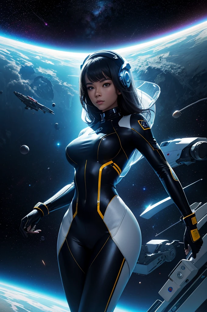 1girl,solo,best quality, masterpiece, 8k,raw photo, Year 2510, a Futuristic Sexy Space Woman wearing tight fitting bikini style space suit, stands at her giant view screen exploring space.