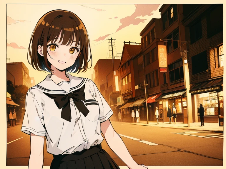 ((((Happy face)))),(((Long shot, taken from the front, 1 girl, white , black skirt, short bob, brown hair, golden eyes, , short height, city girl))), ((On the way home from school)), ((Uniform)), (Masterpiece), (High resolution), (Top quality), (Super delicate), ((Line drawing manga style)), Wallpaper, Manga style illustration, Painting style, heartwarming synopsis, ((youth)), (((student))), (unique atmosphere), unique world view, unique atmosphere, school life, youth town, (masterpiece), (high resolution), (highest quality), (super delicate), line drawing manga style, comic style illustration, how to draw, warm outline color, (clear), (obvious)