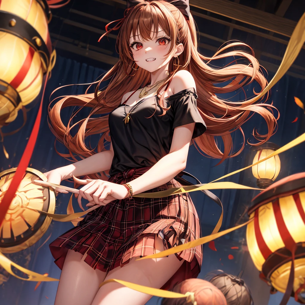 reddish-brown golden hair、red eyes、one good looking girl、solo、anime、plaid mini skirt、black camisole、black t-shirt、dress、wearing a ribbon、ribbon at waist、crystal earrings、jewelry necklace、Light and shadow、tilting one&#39;s face、teeth are visible、pillar、torches、evil looking face、Kuroko、Den-den drum