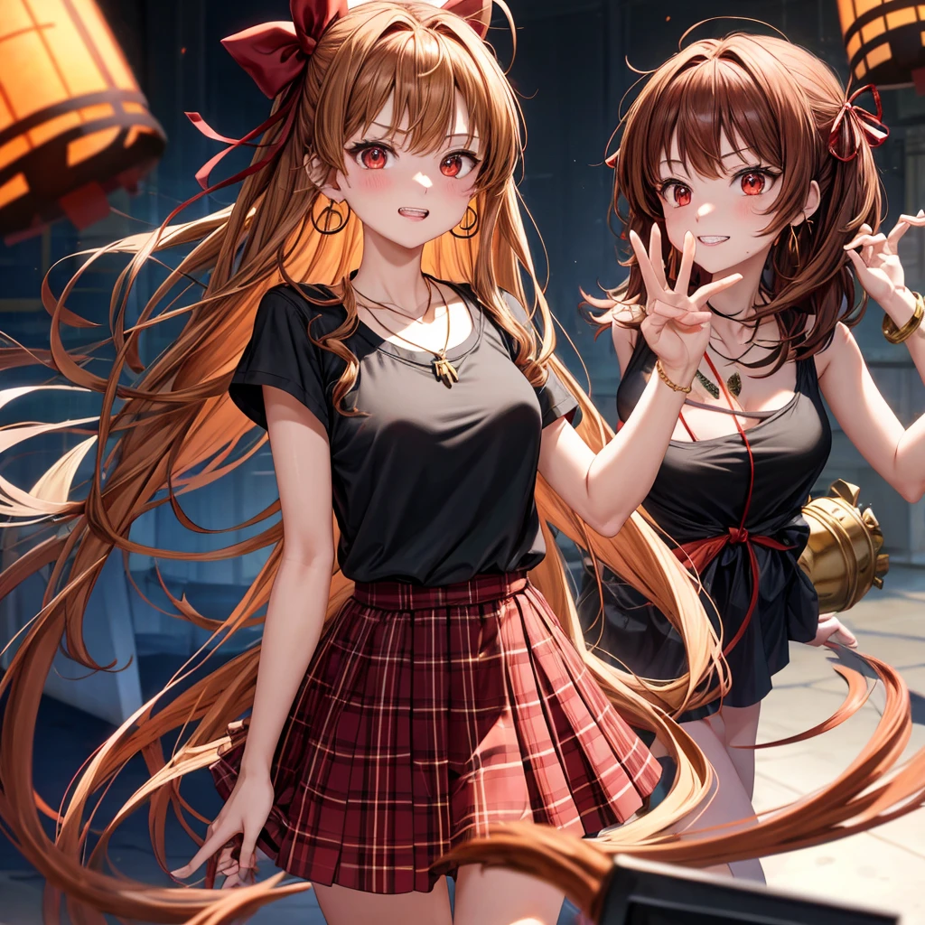 reddish-brown golden hair、red eyes、one good looking girl、solo、anime、plaid mini skirt、black camisole、black t-shirt、dress、wearing a ribbon、ribbon at waist、crystal earrings、jewelry necklace、Light and shadow、tilting one's face、teeth are visible、pillar、torches、evil looking face、Kuroko、Den-den drum
