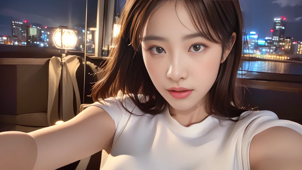 ((realistic lighting, highest quality, 8k, masterpiece: 1.3)), concentrated: 1.2, 1 girl, perfect figure: 1.4, slim abs: 1.1, ((dark brown hair)), (white dress: 1.4), (outdoors, night: 1.1), cityscape, super detailed face, fine eyes, double eyelid,