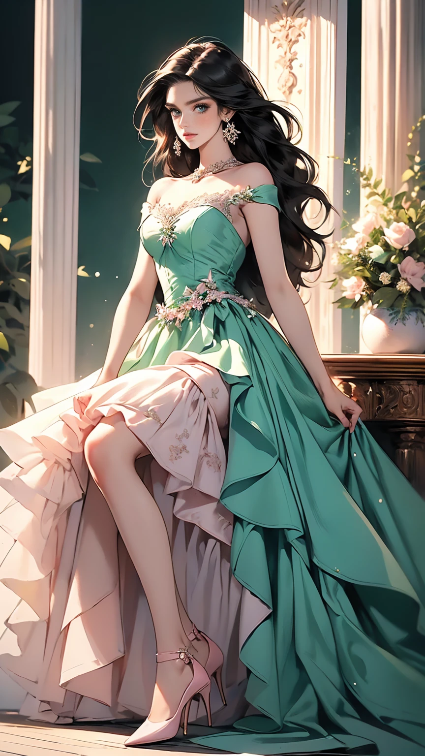 (masterpiece, Best quality, A high resolution, ultra detailed),(beautiful and aesthetically pleasing:1.2), (1 woman), adult, perfect body, wavy black hair, ((green eyes)), detailed eyes and face, (full_body), festive beautiful spring light airy dress,  (pastel pink and blue dress), delicate spring dress, high heel shoes, gentle and feminine image, USA, many colors, 