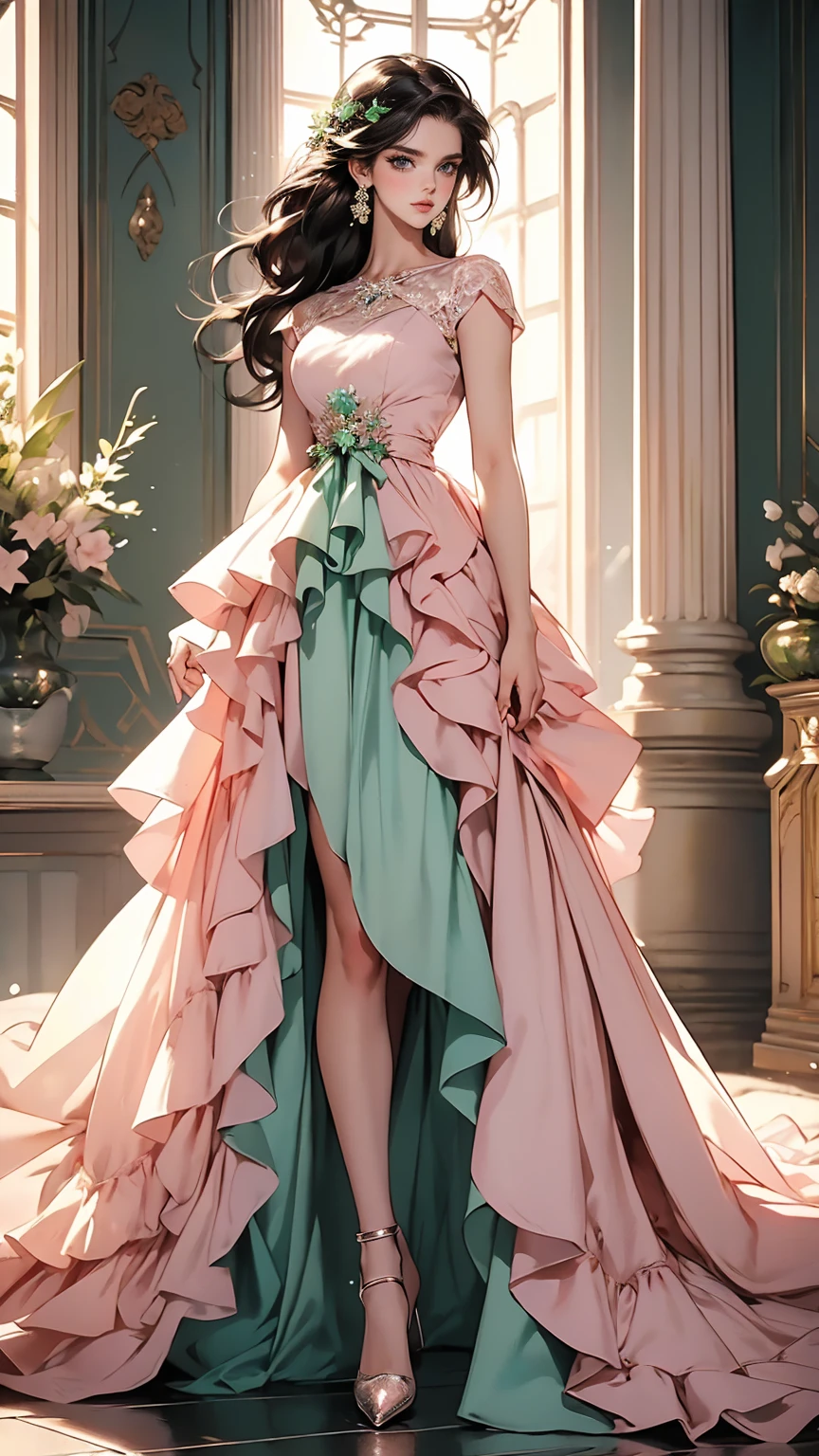 (masterpiece, Best quality, A high resolution, ultra detailed),(beautiful and aesthetically pleasing:1.2), (1 woman), adult, perfect body, wavy black hair, ((green eyes)), detailed eyes and face, (full_body), festive beautiful spring light airy dress,  (pastel pink and blue dress), delicate spring dress, high heel shoes, gentle and feminine image, USA, many colors, 