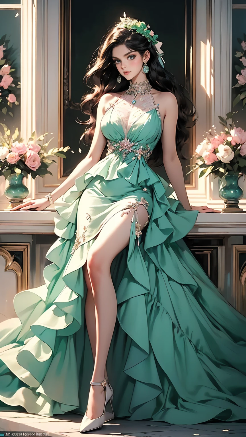 (masterpiece, Best quality, A high resolution, ultra detailed),(beautiful and aesthetically pleasing:1.2), (1 woman), adult, perfect body, wavy black hair, ((green eyes)), detailed eyes and face, (full_body), festive beautiful spring light airy dress,  (pastel pink and blue dress), delicate spring dress, high heel shoes, gentle and feminine image, USA, many colors, 