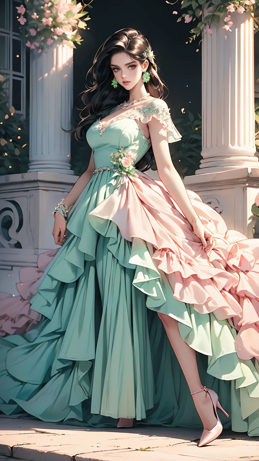 (masterpiece, Best quality, A high resolution, ultra detailed),(beautiful and aesthetically pleasing:1.2), (1 woman), adult, perfect body, wavy black hair, ((green eyes)), detailed eyes and face, (full_body), festive beautiful spring light airy dress,  (pastel pink and blue dress), delicate spring dress, high heel shoes, gentle and feminine image, USA, many colors, 