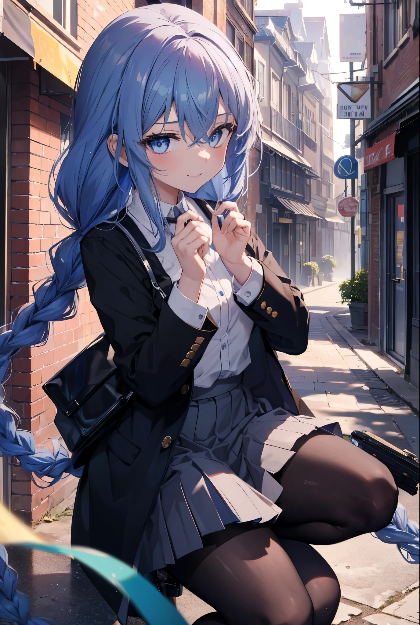 (masterpiece,intricate details),1 girl,mature woman,light _face, BREAK Roxymigurdia, Roxy, Ahoge, black ribbon, blue eyes, blue hair, Braid, hair between eyes, hair ribbon, long hair, twin Braids, very long hair,happy smile, smile, open your mouth, Destroy White Y-Shirt,Blue Blazer,Blue pleated skirt,Gray pantyhose,White Loafers,
壊す looking at viewer,
break outdoors, In town,Destroy a city of buildings (masterpiece:1.2), highest quality, High resolution, unity 8k wallpaper, (figure:0.8), (detailed and beautiful eyes:1.6), 非常に詳細なface, perfect lighting, Very detailed CG, (perfect hands, perfect anatomy),