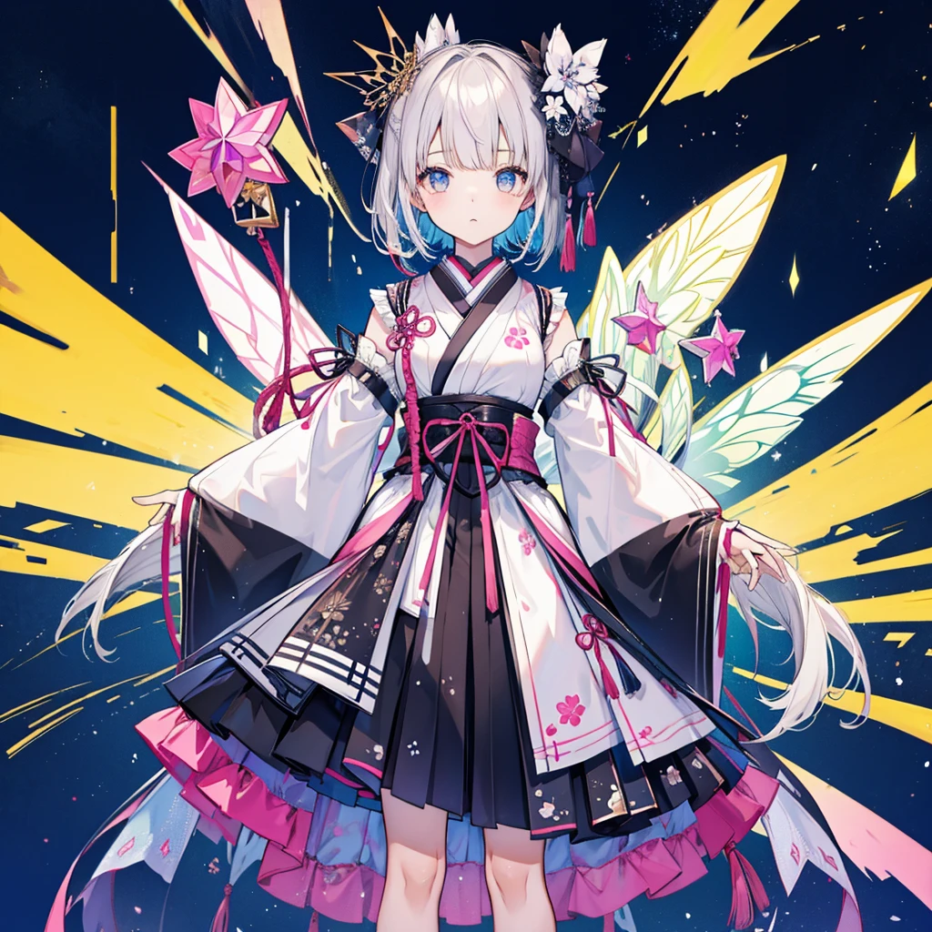 highest quality、8K,handsome face、vtuber-halfbody、A picture of the front straight towards the viewer、Star Fairy、Full body front portrait、front、1girl,highest quality、masterpiece、official art、Super detailed、super beautiful、Cute Star Fairy、gray short hair、Milky Way、universe、star charm、star、、Knee-high boots、Japanese pattern dress、A beautiful girl wearing black and white clothes that are a remake of a yukata.、Oiran frill dress reminiscent of universe、belly button、pleated mini skirt、