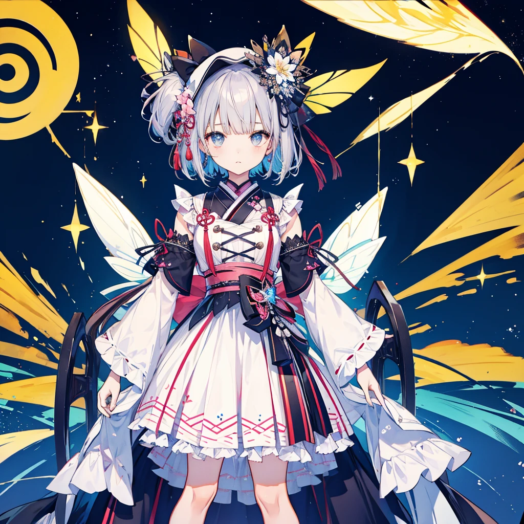 highest quality、8K,handsome face、vtuber-halfbody、A picture of the front straight towards the viewer、Star Fairy、Full body front portrait、front、1girl,highest quality、masterpiece、official art、Super detailed、super beautiful、Cute Star Fairy、gray short hair、Milky Way、universe、star charm、star、baby face、Knee-high boots、Japanese pattern dress、A beautiful girl wearing black and white clothes that are a remake of a yukata.、Oiran frill dress reminiscent of universe、belly button、pleated mini skirt、