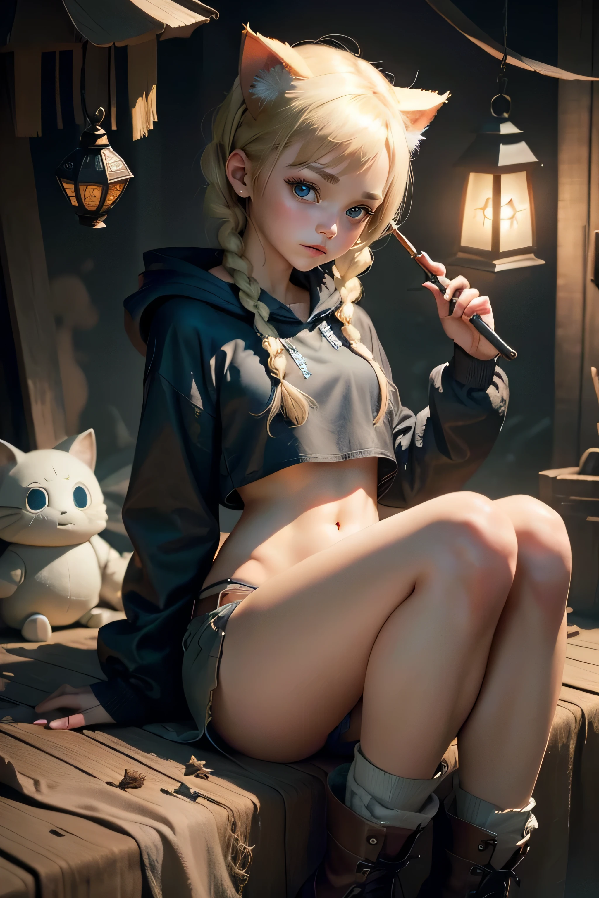 Top image quality、masterpiece、Norman Rockwell's style、Calm sea of the moon、Beautiful fair-skinned girl in long sleeve hoodie、spaces 、Star 3D、The iris is blue、Cute face、a small face、Light makeup、Two cat ears on the head、blonde hair in braids、tiny chest、Big buttocks、sitting on、Full body like、She holds a magic wand in her right hand、 She has a lantern hanging in her left hand、Low-rise shorts、Leather boots、Robot with round head and three legs of long color on background、thirds rule、Ultra-wide low-angle