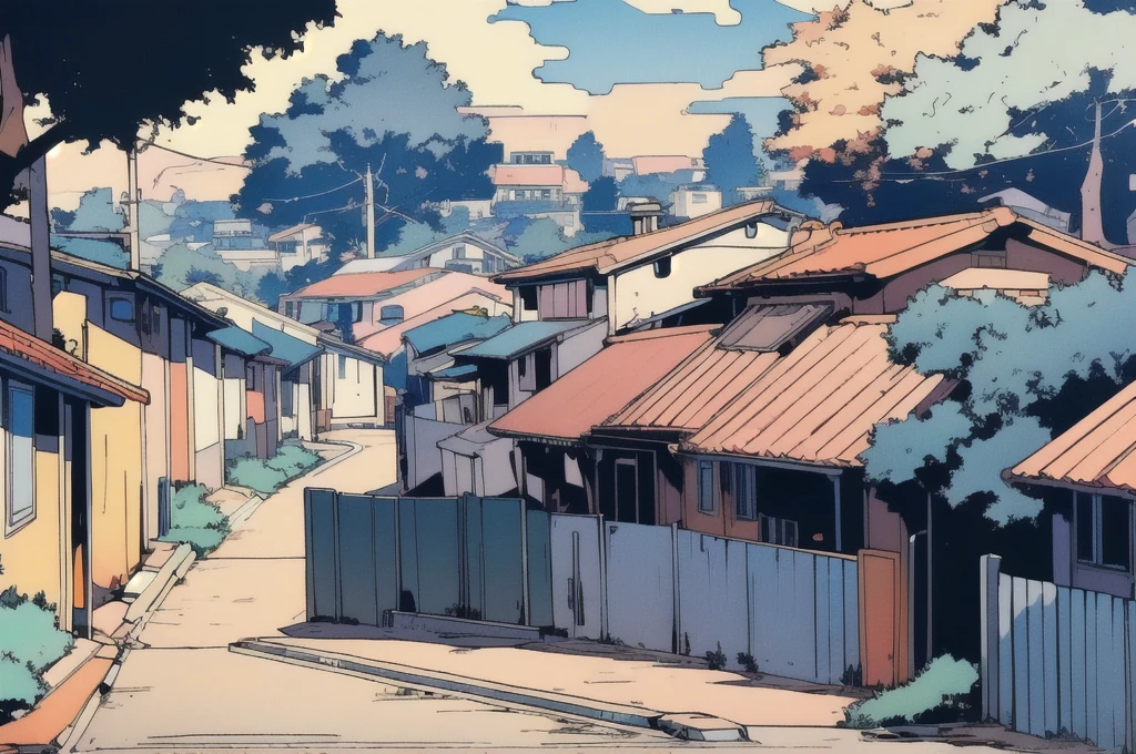 ((Character, best quality: 1.5, masterpiece, 8k detailed, flat colors, anime)), solo: 2, 1boy, close up shot, simple houses, fences trees, alleys,