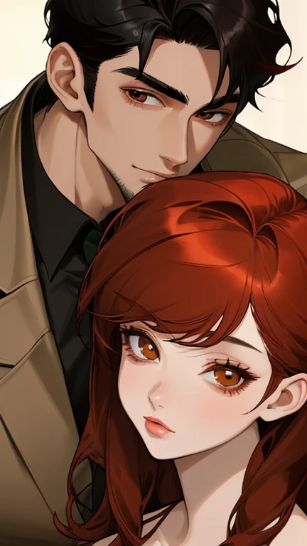 Handsome man with black hair and brown eyes and a beautiful woman with red hair and hazel eyes 
