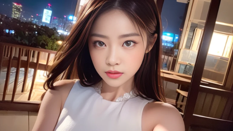 ((realistic lighting, highest quality, 8k, masterpiece: 1.3)), concentrated: 1.2, 1 girl, perfect figure: 1.4, slim abs: 1.1, ((dark brown hair)), (white dress: 1.4), (outdoors, night: 1.1), cityscape, super detailed face, fine eyes, double eyelid,