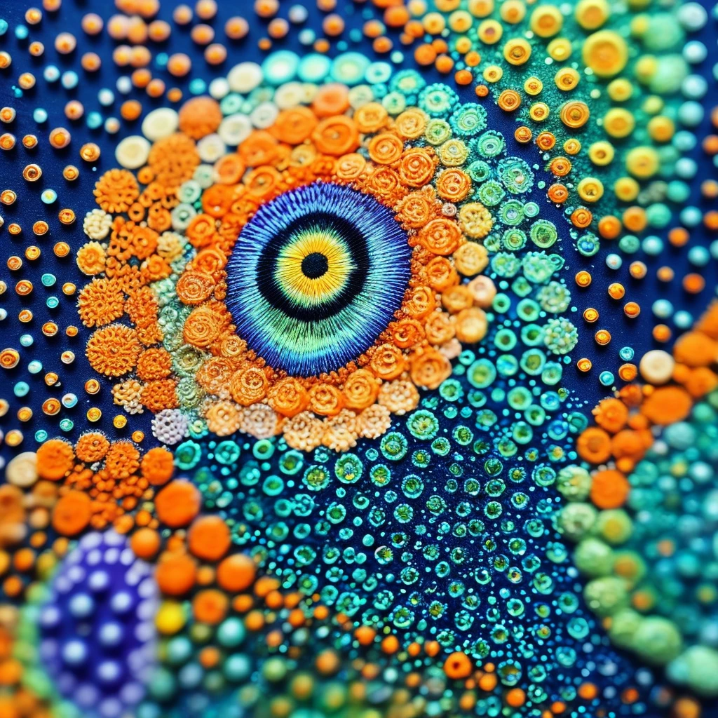 A mesmerizing 3D render of a dot art portrait, showcasing a beautiful, abstract owl. The owl's face is masterfully composed with a gradient of vibrant blue, green, and orange hues, creating a stunning visual contrast. The eyes are captivating, each one a unique color: one blue and one green. The rest of the owl's face is intricately rendered using a mix of small orange dots, adding depth and texture to the illustration. The use of glow in the dark dots for some parts make contrast with the super dark background. This conceptual art piece is a unique, artistic interpretation of an octopus' face, bursting with colors and energy., 3d render, conceptual art, vibrant, illustration