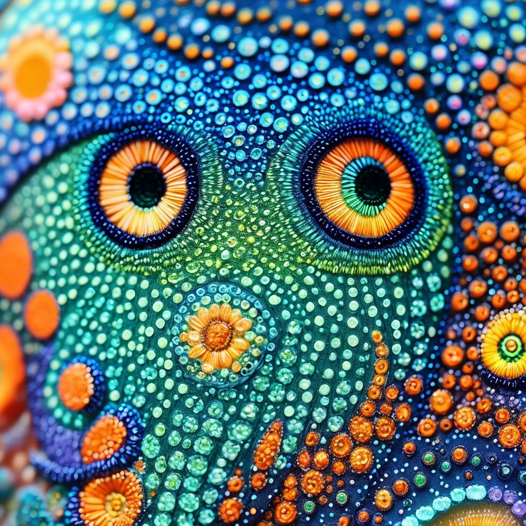 A mesmerizing 3D render of a dot art portrait, showcasing a beautiful, abstract owl. The owl's face is masterfully composed with a gradient of vibrant blue, green, and orange hues, creating a stunning visual contrast. The eyes are captivating, each one a unique color: one blue and one green. The rest of the owl's face is intricately rendered using a mix of small orange dots, adding depth and texture to the illustration. The use of glow in the dark dots for some parts make contrast with the super dark background. This conceptual art piece is a unique, artistic interpretation of an octopus' face, bursting with colors and energy., 3d render, conceptual art, vibrant, illustration