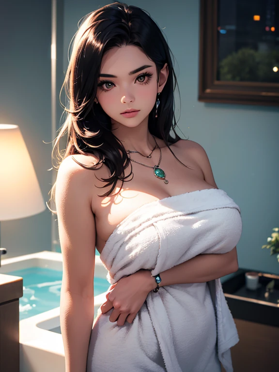 best quality, masterpiece, High resolution, a girl, bath towel, necklace, jewelry, pretty face, big breasts, more than_Body, Tyndall effect, lifelike, dark studio, edge lighting, two-tone lighting, (HD skin: 1.2), 8K Ultra HD, SLR camera, soft light, high quality, Volumetric lighting, frank, photography, High resolution, 4K, 8K, Bokeh,