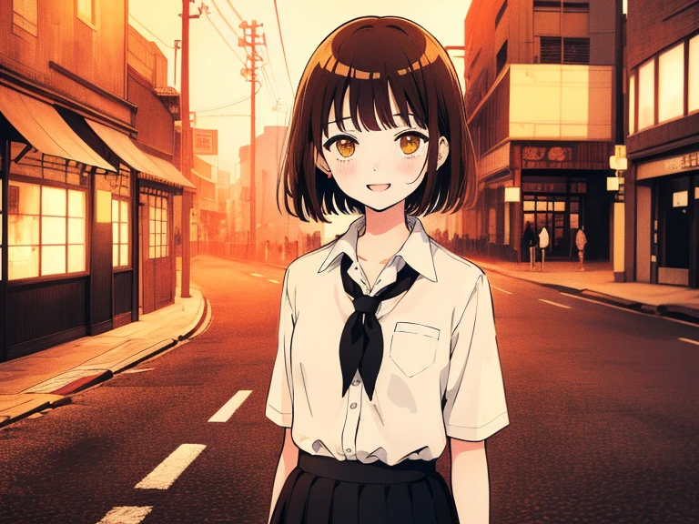 ((((Happy face)))),(((Long shot, taken from the front, 1 girl, white , black skirt, short bob, brown hair, golden eyes, 14 years old, short height, city girl))), ((On the way home from school)), ((Uniform)), (Masterpiece), (High resolution), (Top quality), (Super delicate), ((Line drawing manga style)), Wallpaper, Manga style illustration, Painting style, heartwarming synopsis, ((youth)), (((student))), (unique atmosphere), unique world view, unique atmosphere, school life, youth town, (masterpiece), (high resolution), (highest quality), (super delicate), line drawing manga style, comic style illustration, how to draw, warm outline color, (clear), (obvious)