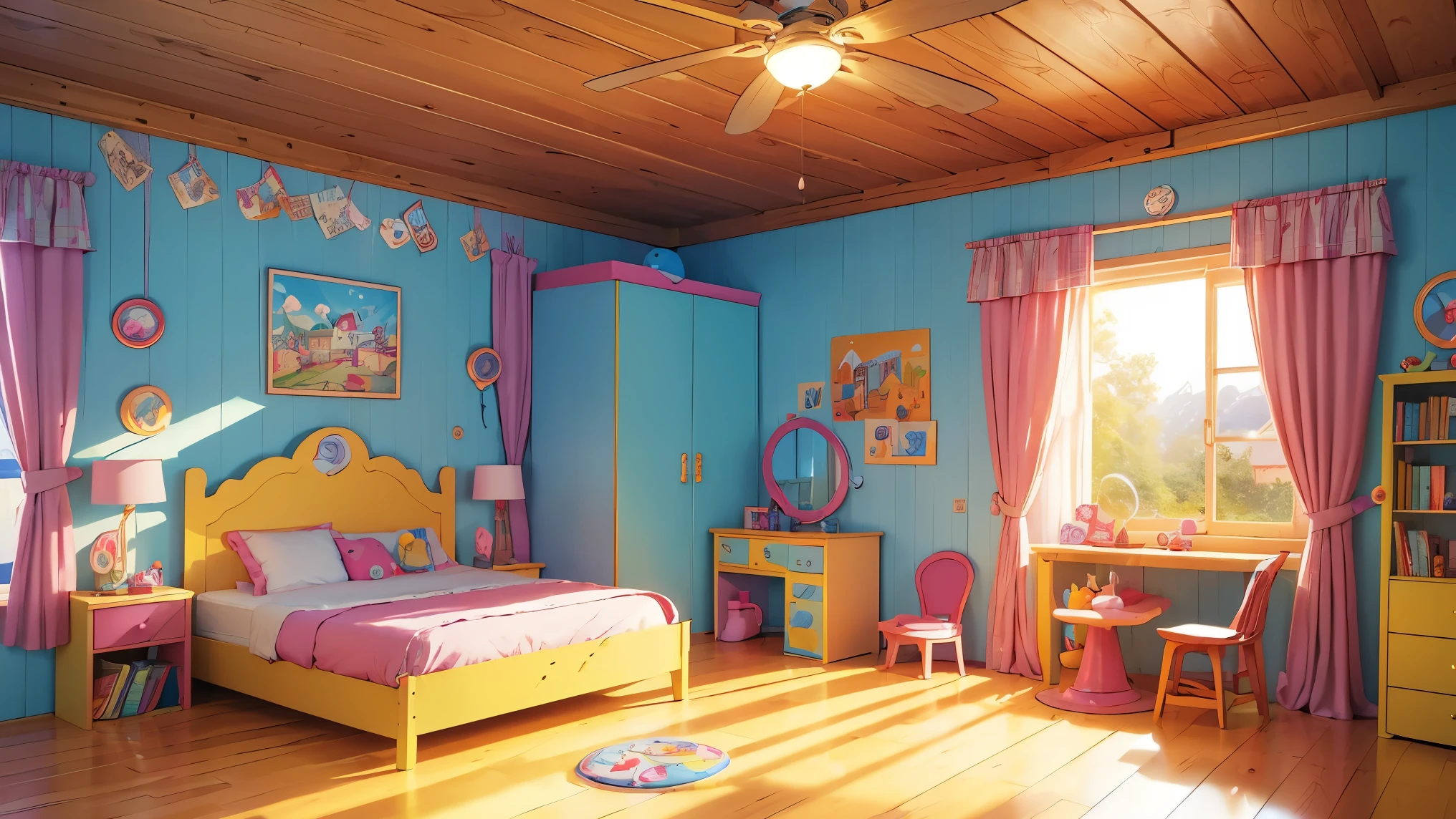 ((bright)), (rich bright colors), Cartoon children's wooden room inside with a bed and toys, a bright sunny day, inside a wooden house, bright curtains on a round window, children's bright posters on wooden walls, children's cabinets with books and toys, plush toys, cozy, detailed background artwork masterpiece, Mobile game background, scenery art detailed, Detailed game art, 8k