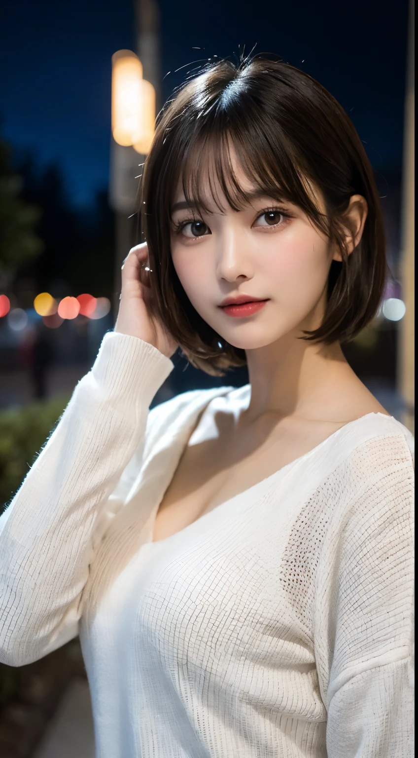 random pose, mix 4, (8K, RAW photo, highest quality, masterpiece: 1.45), (realistic, Photoreal: 1.37), one girl, cute, laughter、cityscape, night, professional lighting, Plain color,garden,photon mapping, radio city, Physically based rendering, gradient black hair, gray hair, straight short bob cut,gal,Handsome, with a girl, big and full breasts,long sleeve,coat,autumn clothes,autumn outfit,highest qualityの写真, High resolution, 1080p, (clear face), (Detailed facial description), (Detailed hand explanation), (masterpiece), lively, extreme light and shadow, messy hair, masterpiece, rich details, (detailed facial features), (highest qualityの写真), (masterpiece), (finely tuned), dual、look in front of you, thin clavicle,Emphasize the armpits、show the underboob,