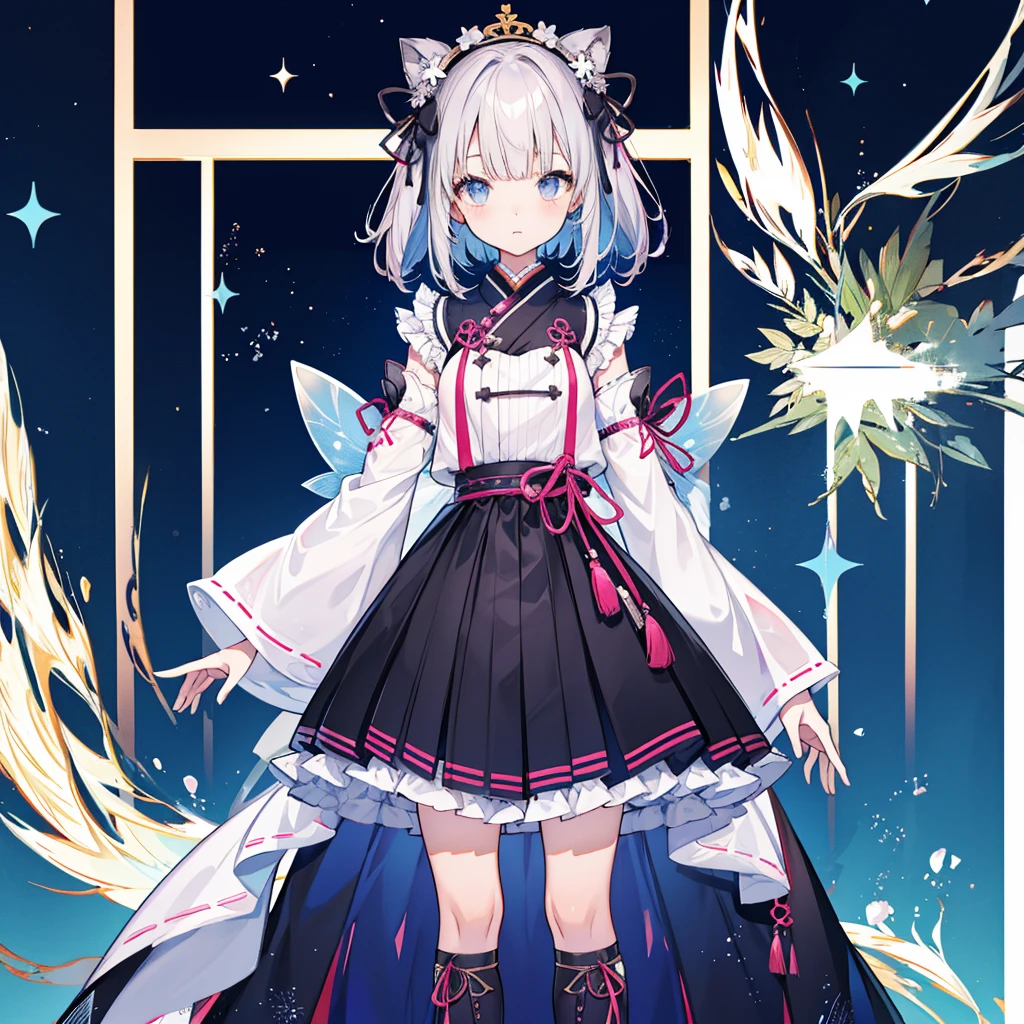 highest quality、８K,handsome face、vtuber-halfbody、A picture of the front straight towards the viewer、Star Fairy、Full body front portrait、front、1girl,highest quality、masterpiece、official art、Super detailed、super beautiful、Cute Star Fairy、gray short hair、Milky Way、universe、star charm、star、、Knee-high boots、Japanese pattern dress、A beautiful girl wearing black and white clothes that are a remake of a yukata.、Oiran frill dress reminiscent of universe、belly button、pleated mini skirt、