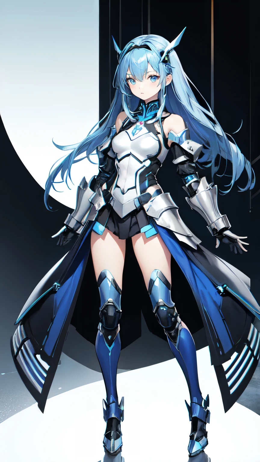 （highest quality）remove background，1 girl,blue gradient hair,tights，Legs and arms are armored，blue eyes，girl，Sci-fi sense，Sci-fi hair accessories