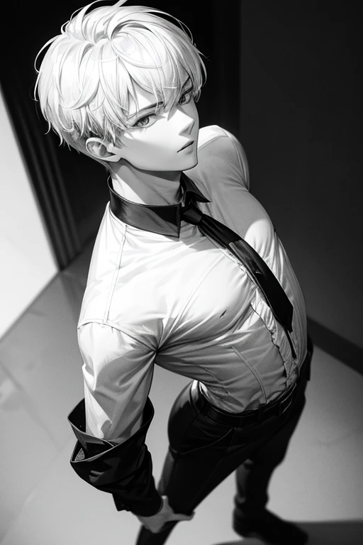 monochrome,masterpiece,illustration, best quality, best aathetic,male focus,
a man standing,full body,back,shirt,18 years old,white hair,short hair,
solo,long shot,Low angle and full shot, overhead shot,from above,white background,
small breasts,