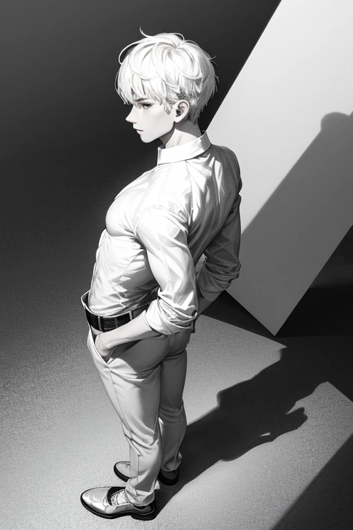monochrome,masterpiece,illustration, best quality, best aathetic,male focus,
a man standing,full body,back,shirt,18 years old,white hair,short hair,
solo,long shot,Low angle and full shot, overhead shot,from above,white background,
small breasts,